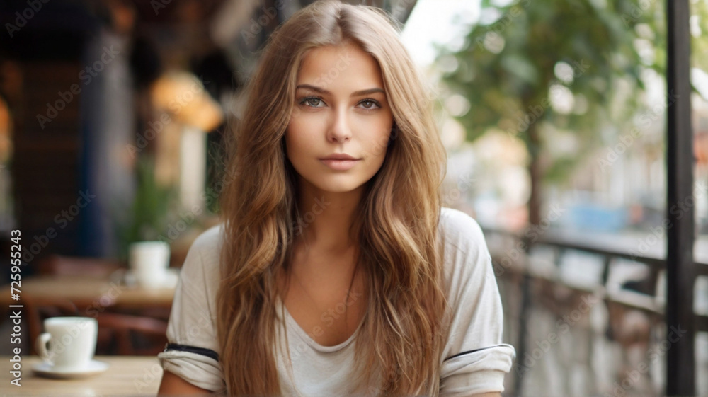 Portrait of beautiful natural looking young woman sitting in the cafe