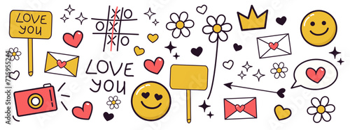 Set, clipart of hand drawn groovy outline doodle elements hearts, happy faces, smile, flower, crown, love letter, arrow, tic tac toe, envelope for happy Valentines day isolated on white background