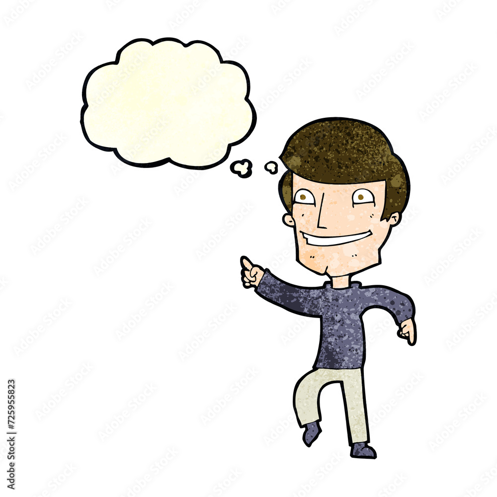 cartoon happy man pointing with thought bubble cartoon happy man pointing with thought bubble
