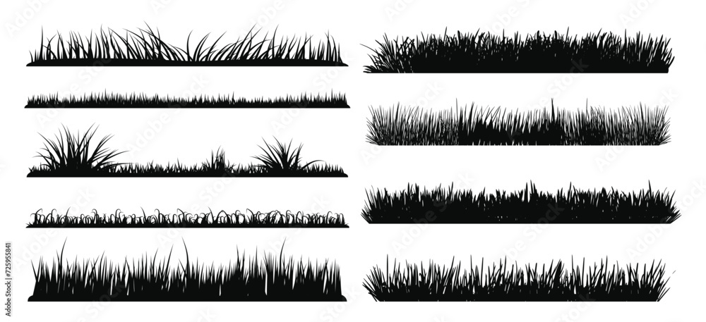 Set of Black Grass Silhouettes on White Backround - obrazy, fototapety, plakaty 