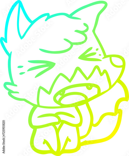 cold gradient line drawing angry cartoon fox sitting on floor