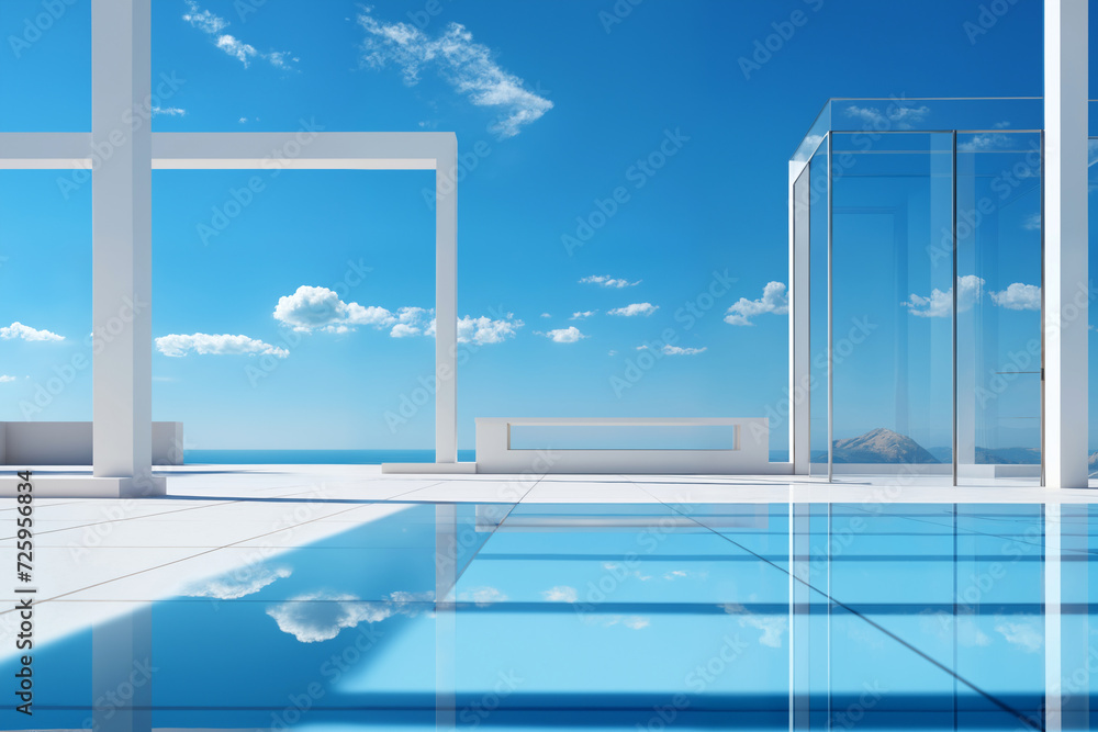 lounge area with pool and glass pavilion and a view of the summer landscape with clear blue sky lounge area with pool and glass pavilion and a view of the summer landscape with clear blue sky