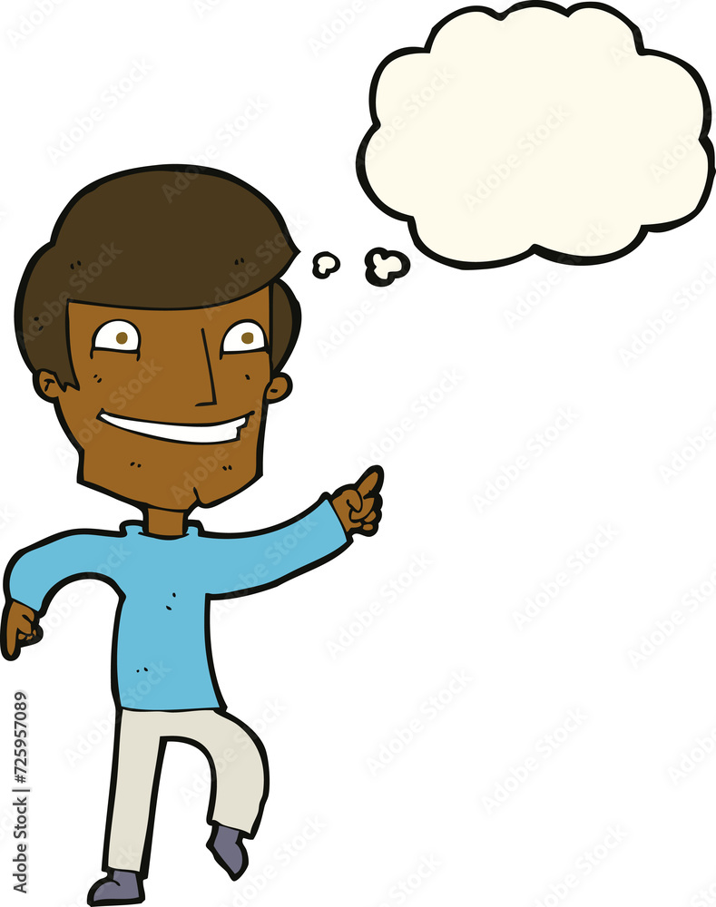 cartoon happy man pointing with thought bubble cartoon happy man pointing with thought bubble