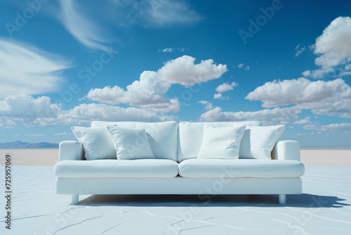 a white sofa on a blue sky background with clouds