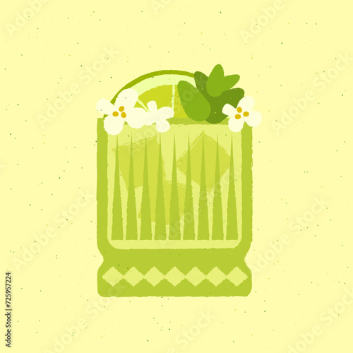 Green cocktail with lime flowers and herbs. Jasmine tea. Alcohol drink for bar. Cold soft liquid with ice cubes. Tumbler glass. Non-alcoholic beveridge. Flat vector illustration with texture