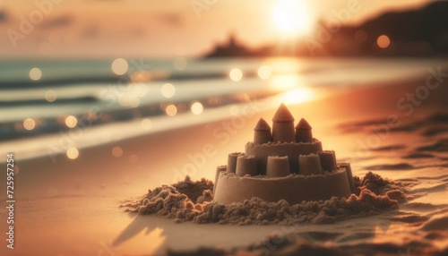 Serene Beach Sunset with Sandcastle, Summer Vacation Concept