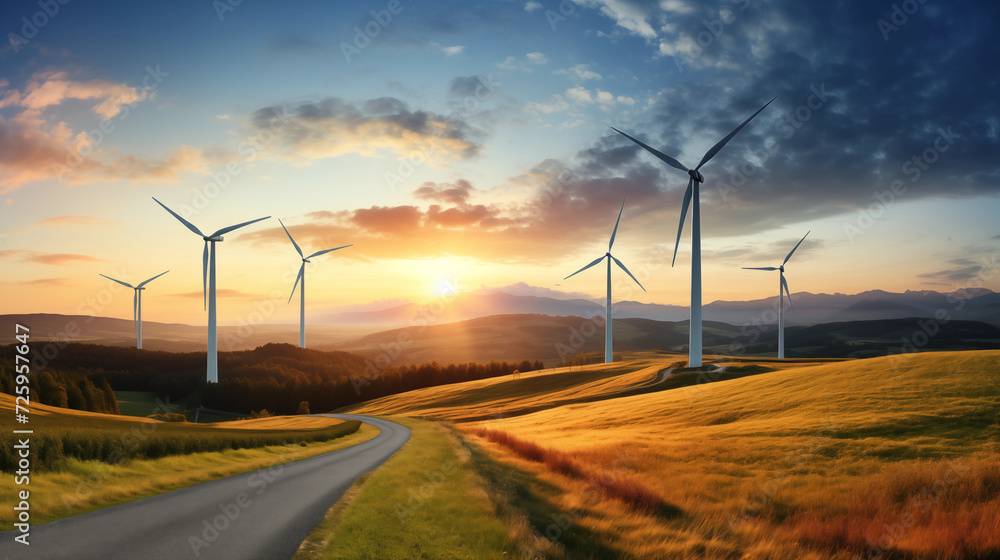 Sustainable Energy Landscape with Wind Turbines at Sunset