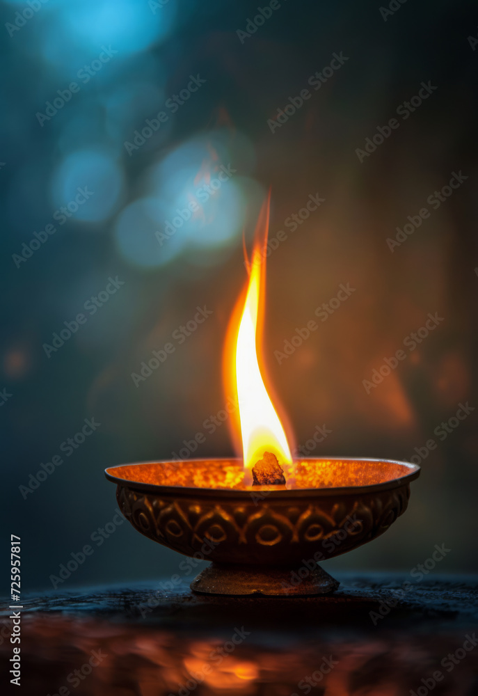 Captivating flame of a Diya against a blurry background Captivating flame of a Diya against a blurry background