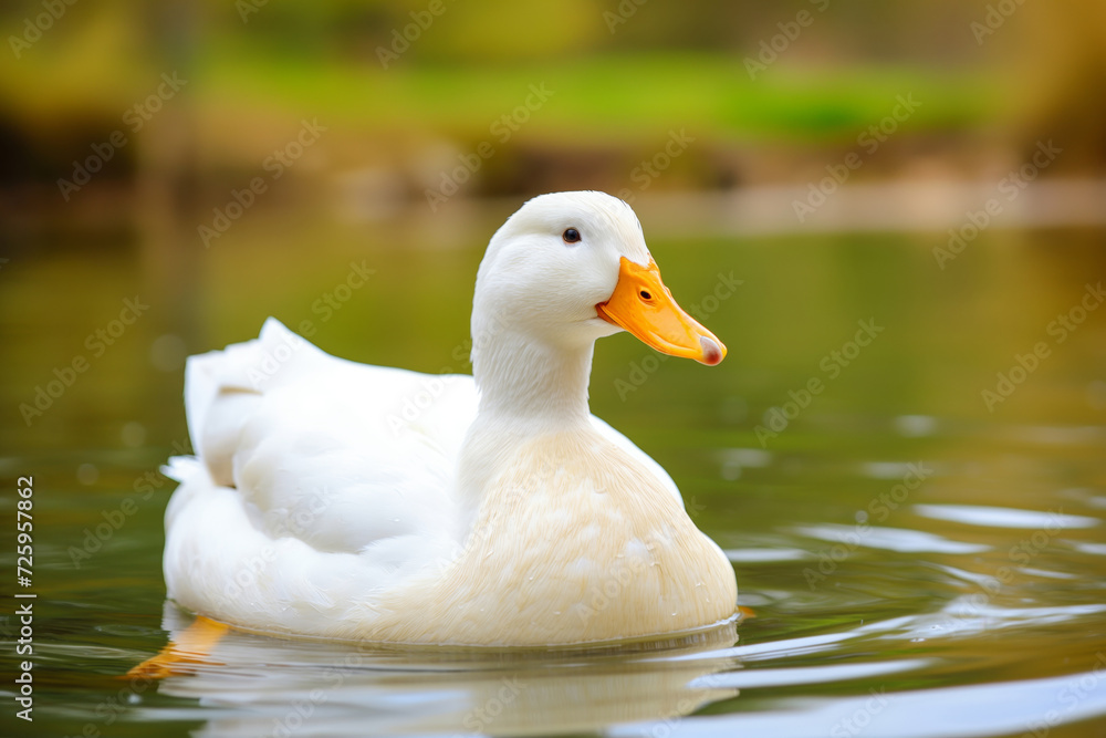 A white duck with an orange beak is floating peacefully on a tranquil pond.