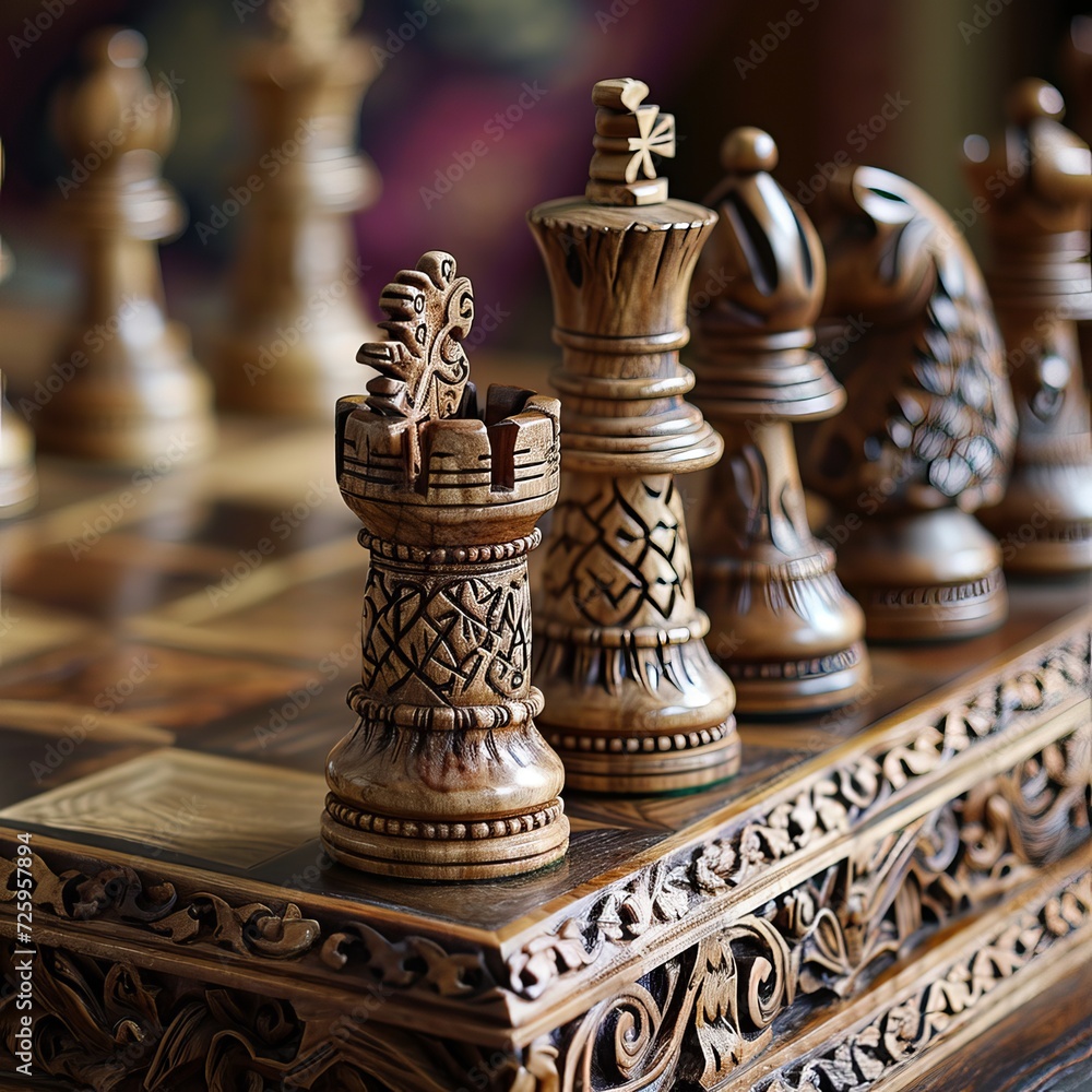Exquisite Hand-Carved Wooden Chess Pieces Displayed on a Detailed Chess Board