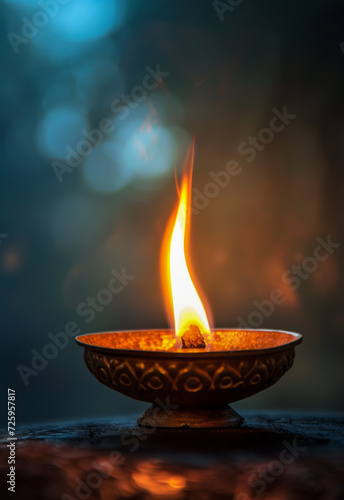 Captivating flame of a Diya against a blurry background