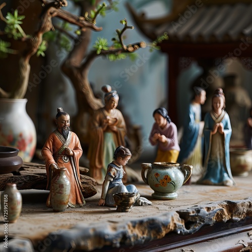 Elegant Ceramic Figurines Displayed in a Traditional Asian Setting with Bonsai Tree and Artistic Backdrop photo