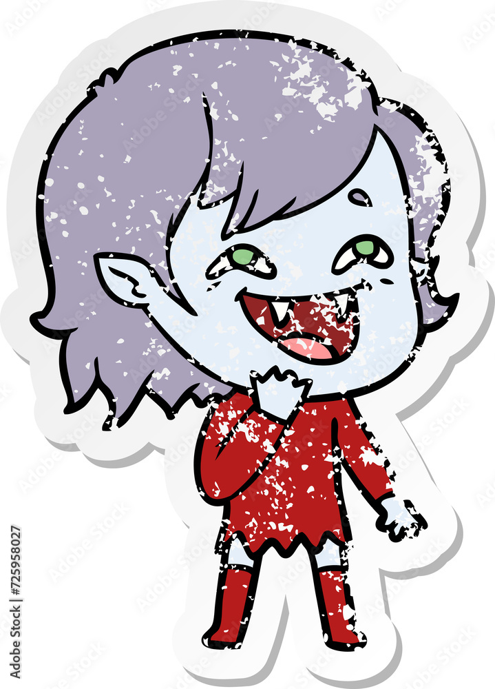 distressed sticker of a cartoon laughing vampire girl distressed sticker of a cartoon laughing vampire girl