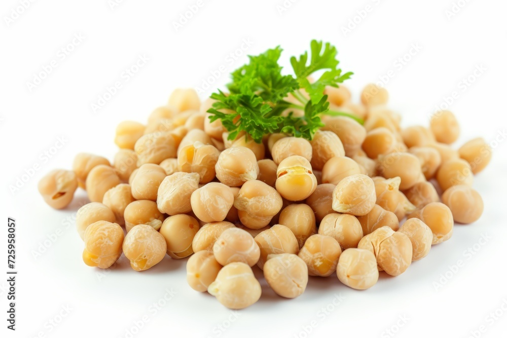 Pile of chickpeas with a fresh parsley leaf on top, on a white background. Pile of chickpeas with a fresh parsley leaf on top, on a white background.