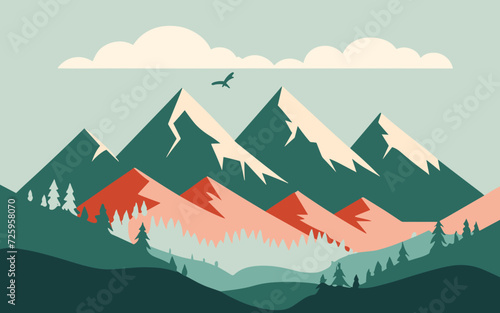 Fototapeta Naklejka Na Ścianę i Meble -  Bright vector landscape image, featuring mountains, green fields with flowers, trees, and a sunny sky. Ideal for nature themed designs and backgrounds