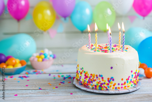 Birthday cake with colorful sprinkles and lit candles  with balloons and confetti in the background.