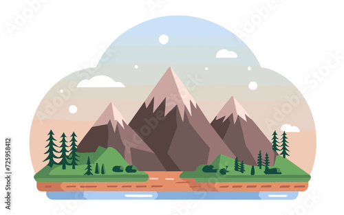 Bright vector landscape image, featuring mountains, green fields with flowers, trees, and a sunny sky. Ideal for nature themed designs and backgrounds © rex