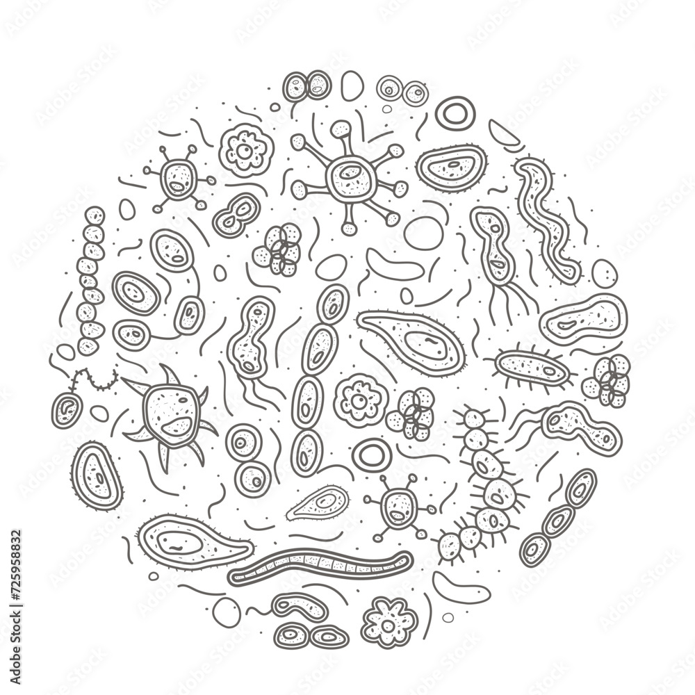 Bacteria doodle style circle composition isolated on white background. Microorganism round badge. Vector illustration Bacteria doodle style circle composition isolated on white background. Microorganism round badge. Vector illustration