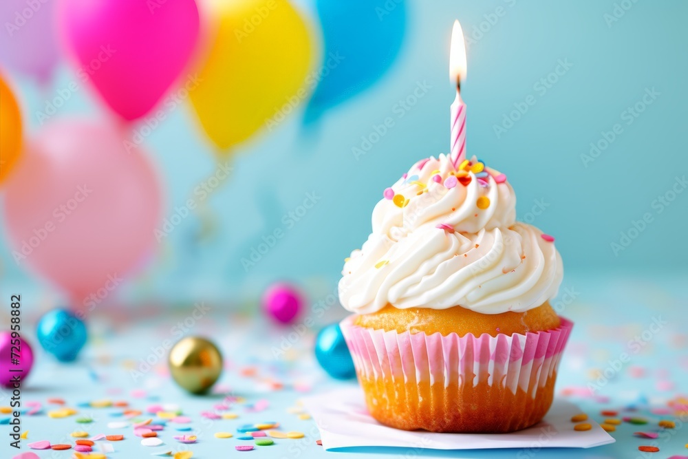 A single vanilla cupcake with a lit candle and colorful sprinkles, with balloons and confetti in the background. A single vanilla cupcake with a lit candle and colorful sprinkles, with balloons and confetti in the background.