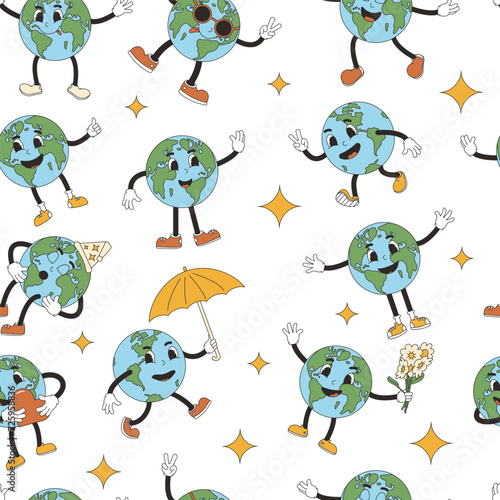Earth mascot in retro style seamless pattern. Cute planet characters endless background cover. Vector flat illustration