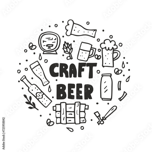 Craft beer doodle circle composition isolated on white background. childish style round badge. Vector illustration