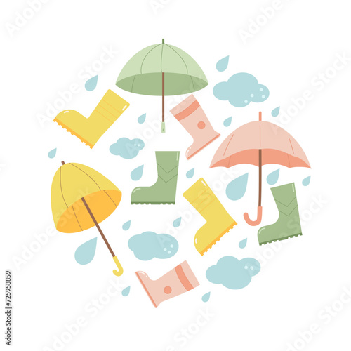Rainy bad weather round badge. Rubber boots, umbrellas dark clouds and waters drops circle composition. Spring symbols isolated on white background. Vector illustration