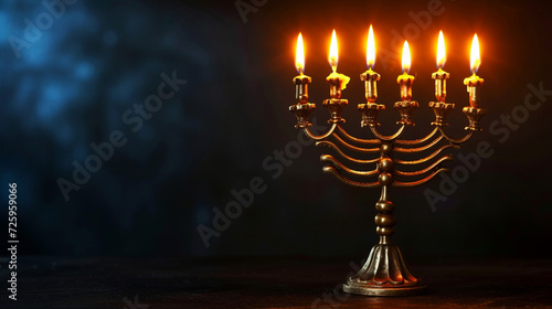 A Jewish menorah with lit candles, casting a warm glow against a dark backdrop, religion background, dynamic and dramatic compositions, with copy space photo