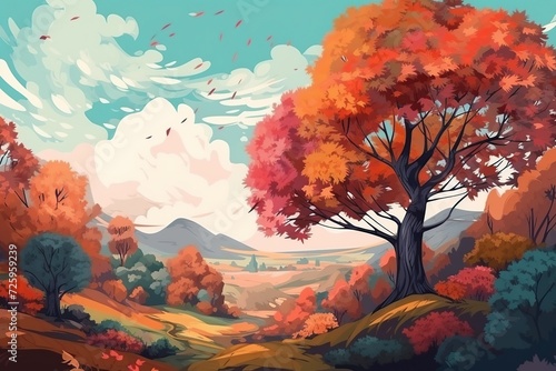 stained glass style illustration, beautiful autumn scenery