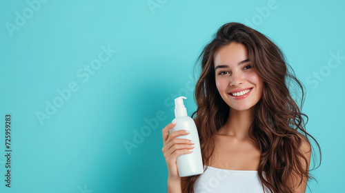 young girl hold blank shampoo bottle and conditioner for hair on blue background, smiling woman portrait, moisturizing spa body care bodycare concept