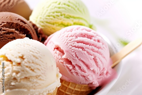 Close-up of a bowl filled with various ice cream scoops in chocolate  vanilla  strawberry  and mint flavors with a wooden spoon.