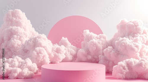 3D pastel pink platform with clouds for product layout