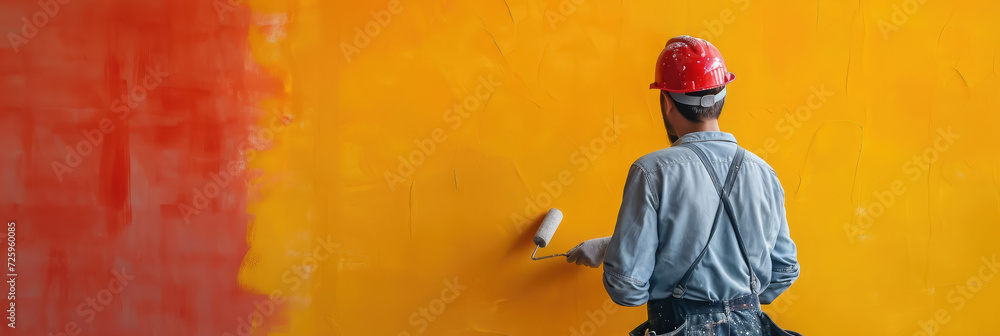 painter paints the wall yellow with a roller, repair, color background, builder, worker, room, structure, paint, design, interior, wallpaper, texture, plaster