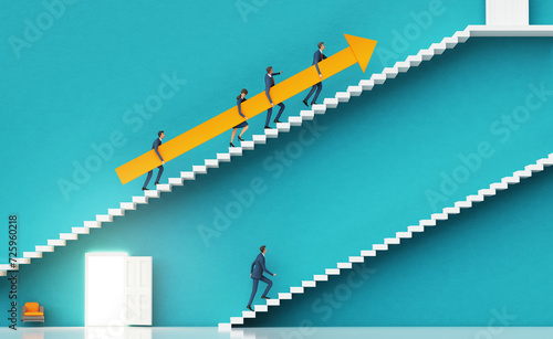 Successful business team caring big arrow up stairs. Business environment concept with stairs and open door  representing career  growth  success  solution and achievement.