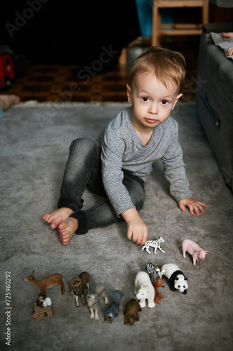 A little boy plays with his animal toys on a gray carpet. Child at home