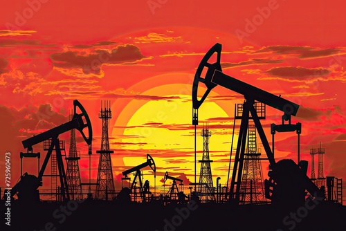 oil pumps and sunset in the background photo