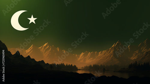 Pakistan day Resolution, national holiday, adoption of first constitution, March 23, worlds first Islamic republic, flag green and white star moon patriotic independence. banner copy space poster. photo
