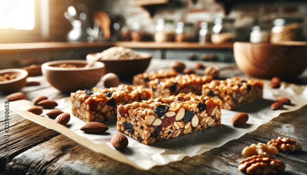 Artisanal Nut and Seed Energy Bars on Rustic Wooden Table, Healthy Snacking Concept Artisanal Nut and Seed Energy Bars on Rustic Wooden Table, Healthy Snacking Concept