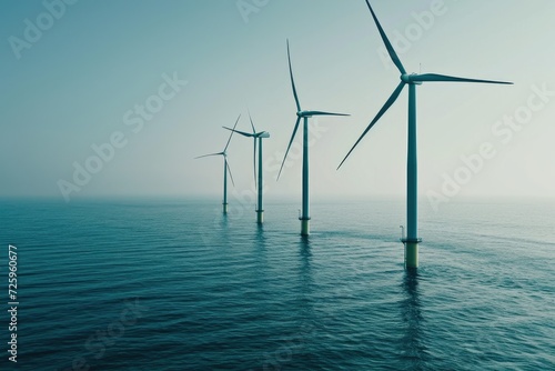 five wind turbines on top of the sea