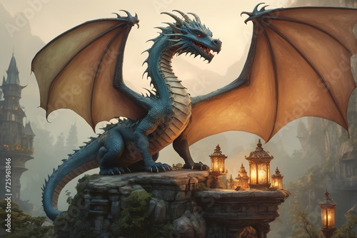 Fire breathing dragon from fairy tale