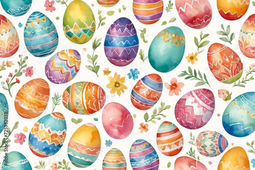 Painted on canvas with water color decorated colorful easter eggs