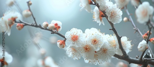 During the early spring season in Taiwan, the graceful and pure white plum blossoms bloom.