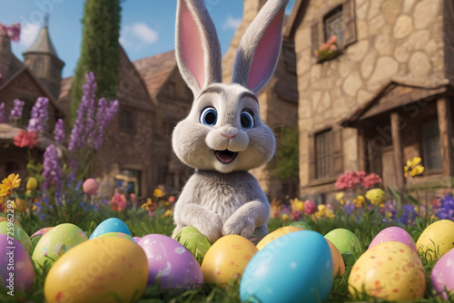 Cute easter bunny with colorful eggs at easter