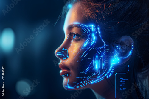 Futuristic portrait of an AI girl in blue colors. Artificial intelligence.