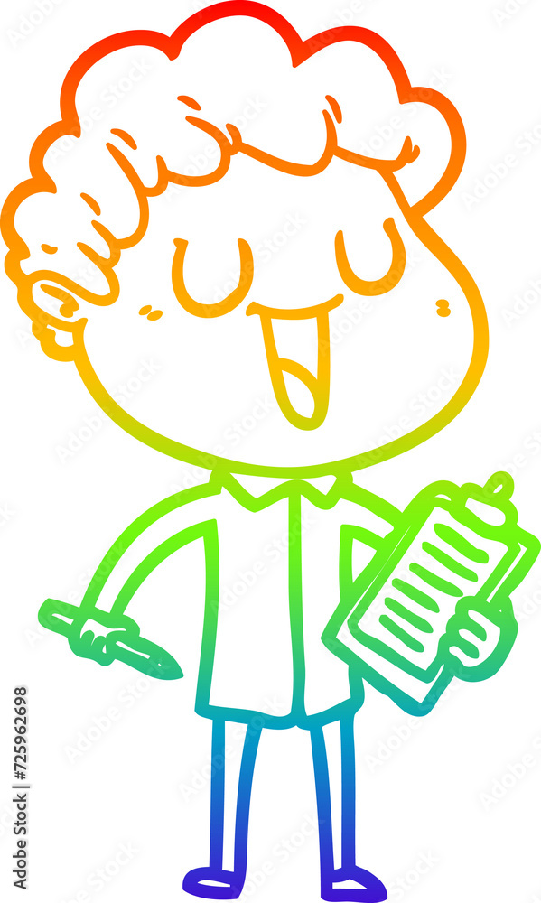 rainbow gradient line drawing laughing cartoon man with clipboard and pen rainbow gradient line drawing laughing cartoon man with clipboard and pen