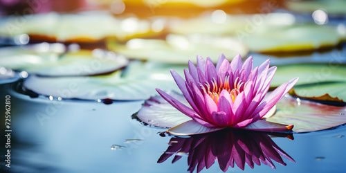 Beautiful pink lotus flower blooming in the pond with sunlight