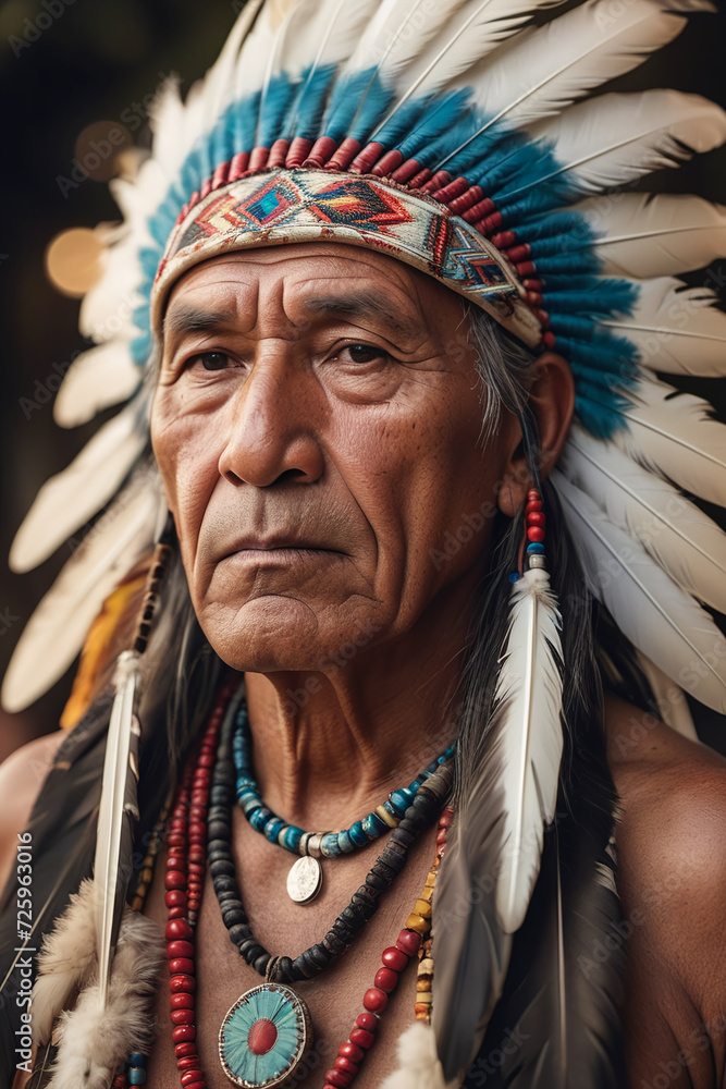 Portrait of north american indian man wearing feather headdress