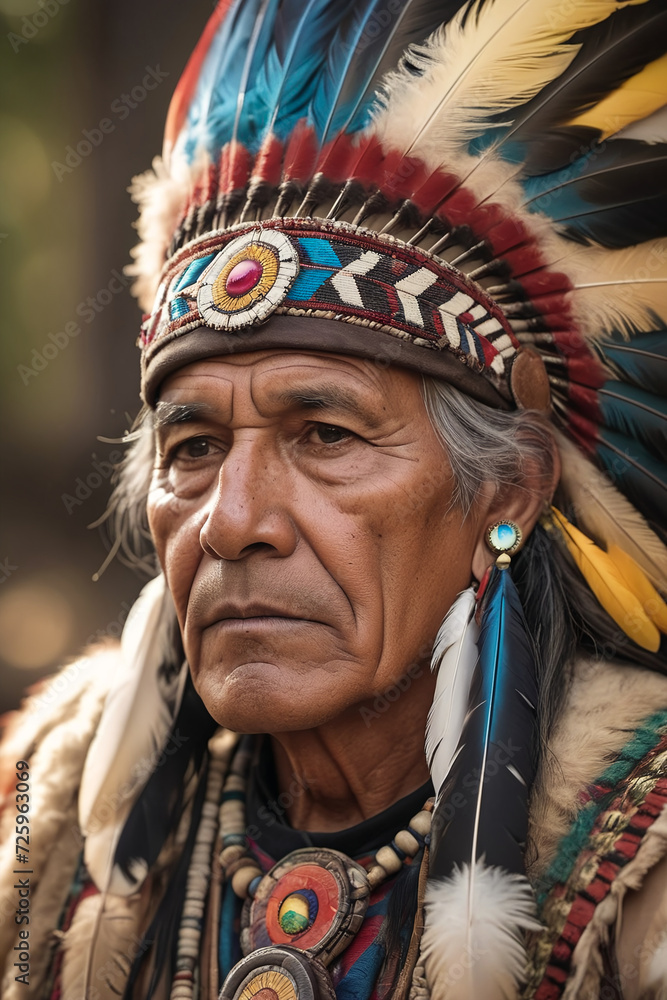 Portrait of north american indian man wearing feather headdress