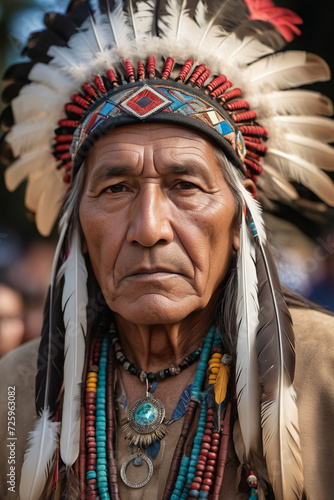 Portrait of north american indian man wearing feather headdress