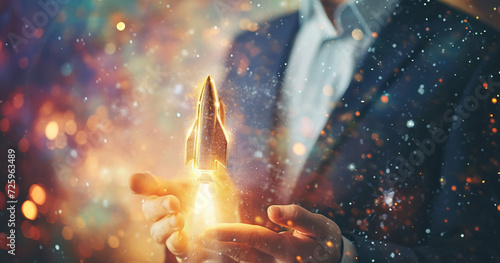Double exposure of a businessman holding a rocket and a star. Rising, success, physics mathematics. Space, exploration and science concept.