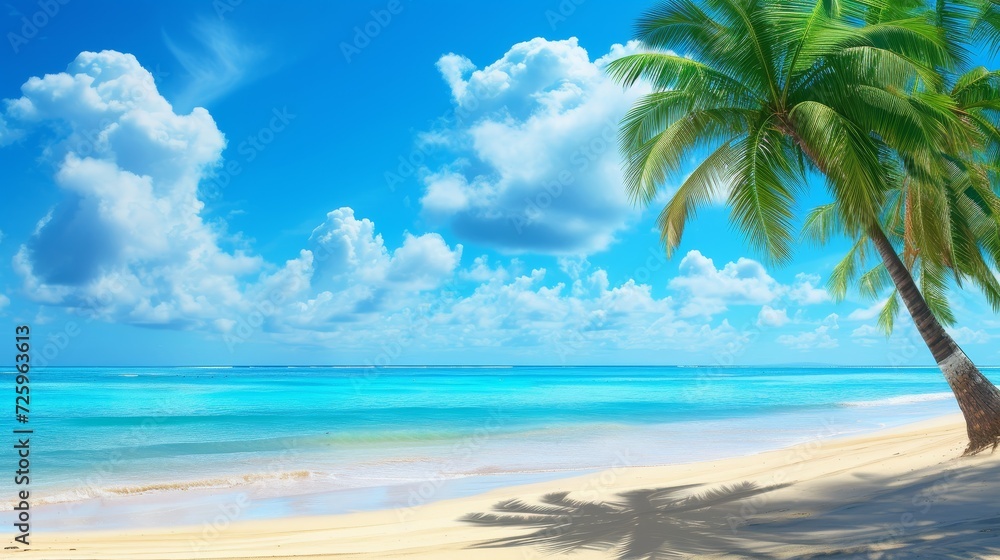 Banner of idyllic tropical beachscape with palm trees